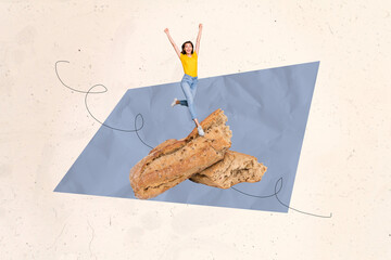 3D photo collage trend sketch template artwork of young lady run big size bread piece nutrition...