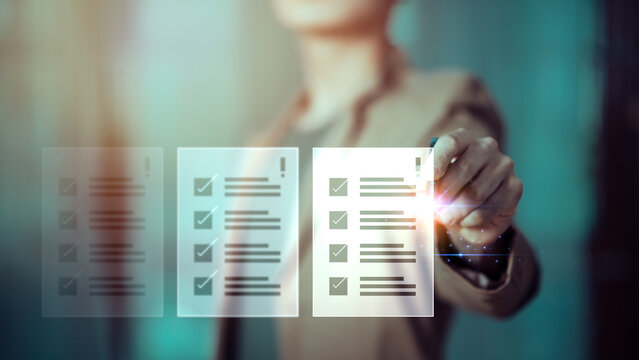 Businessman showing online document validation icon, Concepts of practices and policies, company articles of association Terms and Conditions, regulations and legal advice, corporate policy.