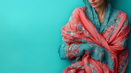 Elegant Woman in Regional Clothing Against a Vibrant Aqua Background Showcasing Detailing and Textures