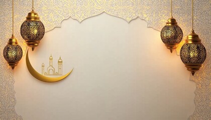 Ornate Golden Lanterns and Crescent Moon on Beige Background