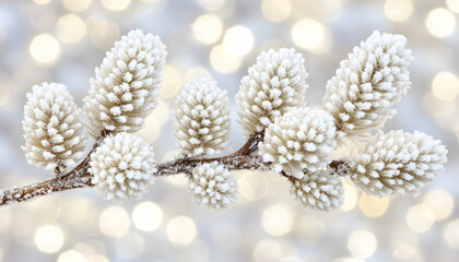 Naklejka premium Frosty winter branch with delicate, snow-covered buds against a soft, bokeh background. Perfect for winter holiday or seasonal themes.