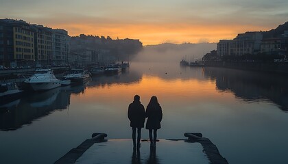 Fototapeta premium Couple watches sunrise over foggy harbor