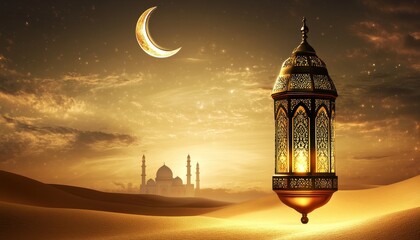 Ornate Lantern in Desert at Night with Crescent Moon and Mosque Silhouette
