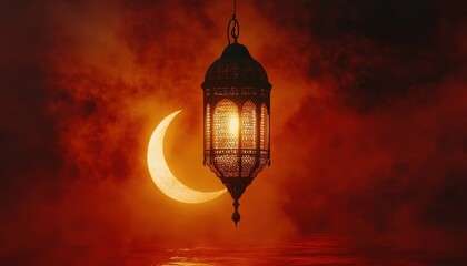 Obraz premium Ornate Metal Lantern and Crescent Moon in a Red Sky