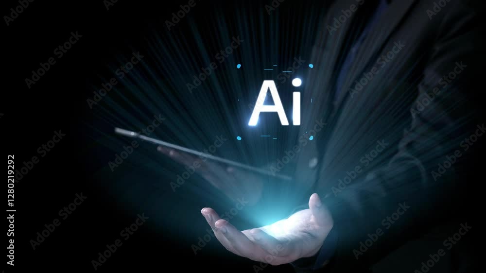 Poster human interact with ai artificial intelligence virtual assistant chatbot in concept of ai artificial
