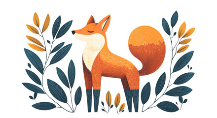 Stylized fox surrounded by foliage isolated transparent background