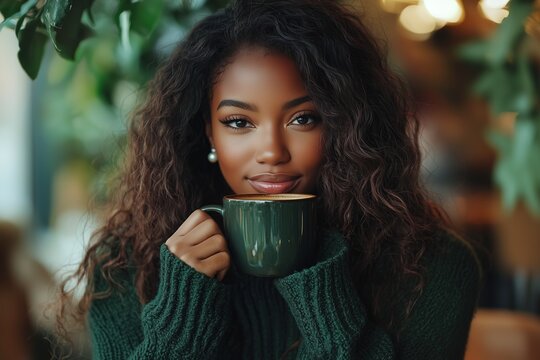  Beautiful young woman enjoying a warm beverage in a cozy cafe, surrounded by greenery