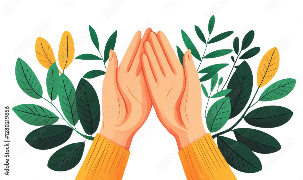Poster hands with leaves in a colorful design isolated transparent background