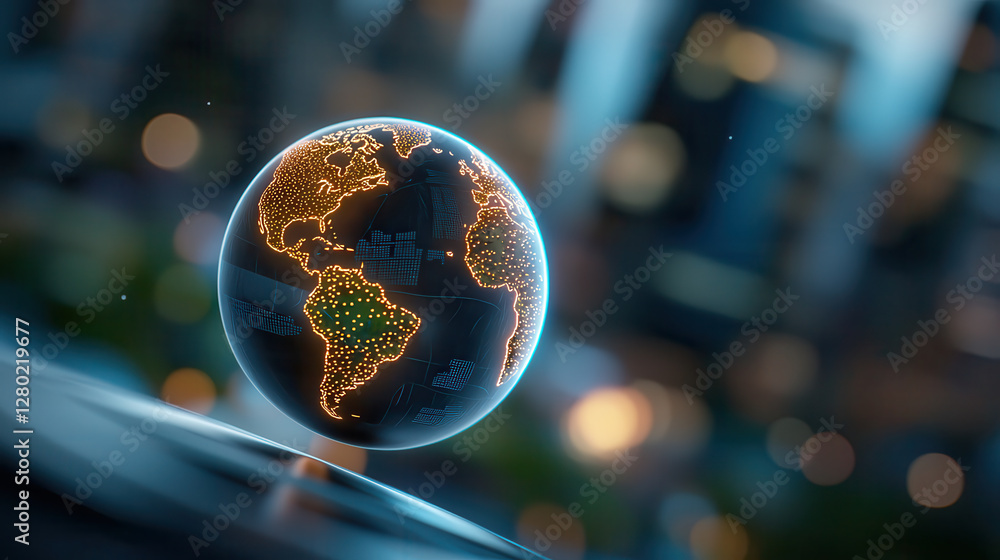 Leinwandbilder glowing holographic globe with illuminated continents stands out against blurred cityscape background, creating futuristic and digital atmosphere