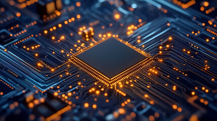 Macro Shot of Circuit Board with Glowing Chip