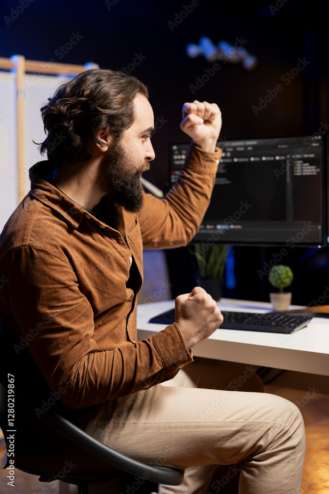 Poster happy programmer celebrating after managing to secure company servers from virus attacks. cheerful i