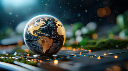 glowing digital globe rests on circuit board, symbolizing global connectivity and technological advancement. scene is illuminated with vibrant lights, highlighting fusion of nature and technology