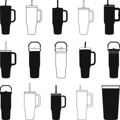 Tumbler Mugs and Cups Set Silhouette, 40 Oz Tumbler Design SVG, Inspired by Stanley Quencher Cup Tumblers Illustration