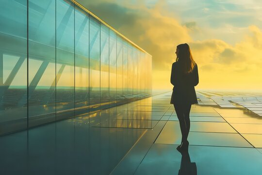 A motivational and empowering image of a female engineer standing proudly in a solar power station, advocating for renewable energy and sustainability