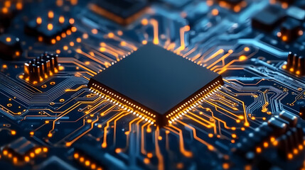 Macro Shot of Integrated Circuit with Glowing Blue Tech Vibes
