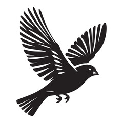 Obraz premium A minimalist, beautiful linocut illustration of a flying Grosbeak bird in silhouette. This black vector artwork captures the elegant form and graceful movement of the bird.