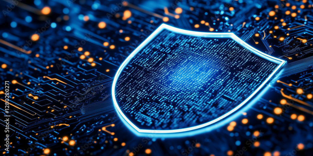 Poster digital shield icon on a circuit board background. suitable for cybersecurity, technology, and data 