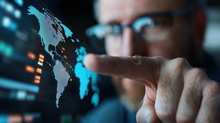 person interacts with digital economic trends dashboard, focusing on global financial data. image highlights technology role in analyzing economic trends