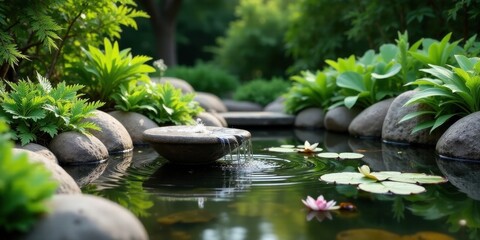 Serene Stone Fountain in Lush Garden Oasis with Water Feature and Tranquil Pond
