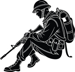 Black Soldiers with Guns and Backpacks Silhouette, Vector Design