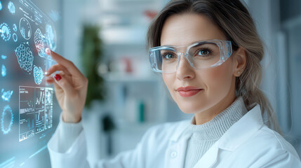 scientist in lab coat interacts with digital interface displaying medical data, showcasing innovation in futuristic laboratory setting