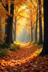 Autumnal forest floor covered in golden leaves, fall colors, forest floor, leaves