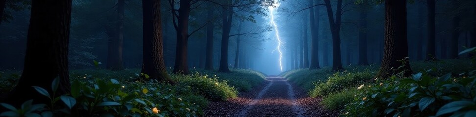 Obraz premium Camera follows lightning illuminating dark forest path, electricity, woods, forest