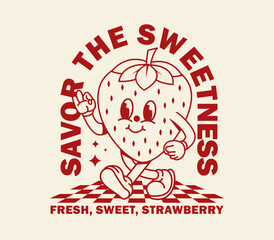 Retro cute strawberry cartoon character, vector illustration for poster, t-shirt, stickers, branding, and more. Perfect for vintage and nostalgic designs with a playful and cheerful vibe