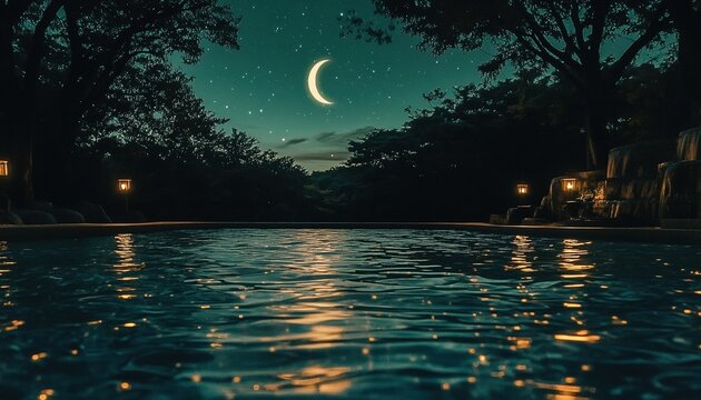 Serene Night Scene with Crescent Moon and Starry Sky Reflected in a Pool
