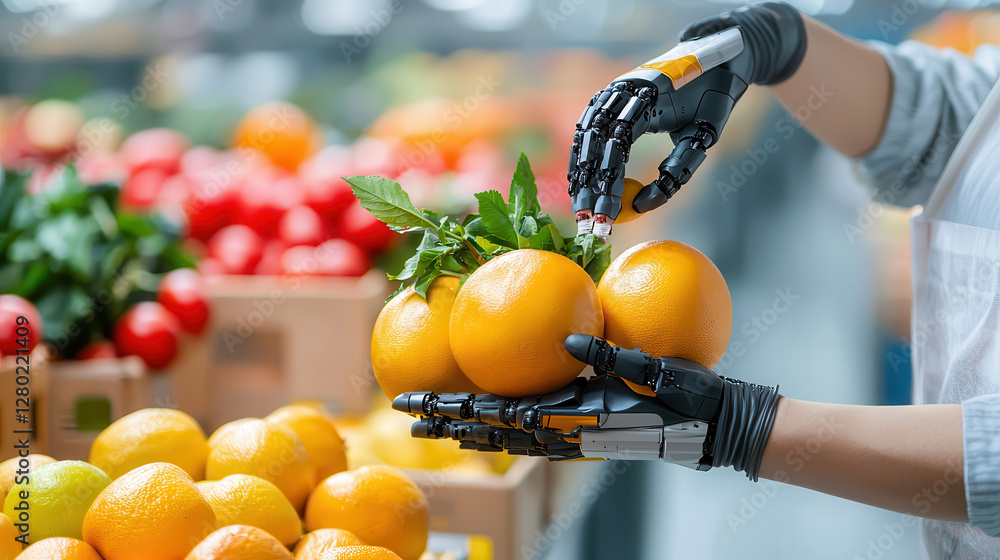 Poster robotic arm delicately handles fresh oranges in high tech fruit sorting facility, showcasing advance