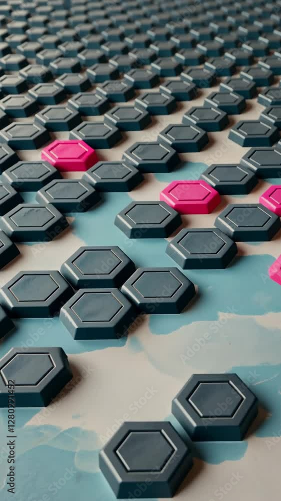 Poster a board with many small blue and pink hexagons. the pink hexagons are in the middle of the board, an