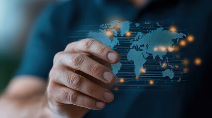 hand interacts with digital world map, symbolizing global connectivity and technology. image highlights integration of human touch with digital networks, emphasizing innovation and progress