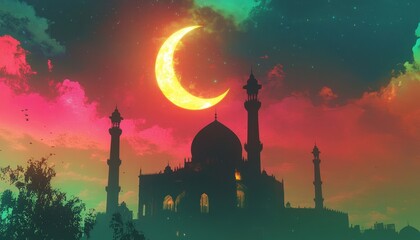 Silhouette of a Majestic Building at Sunset with a Vibrant Crescent Moon