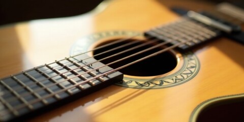 Fototapeta premium Close-up view of an acoustic guitar's fretboard and soundhole, bathed in warm sunlight