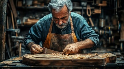 Traditional Craftsmanship in Woodworking: A Realistic Depiction of a Skilled Artisan at Work in a Rustic Workshop