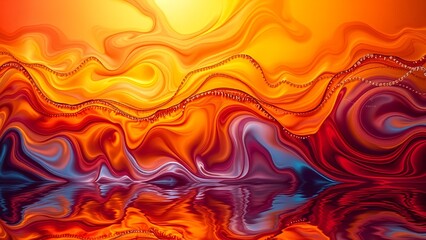 Obraz premium Vivid gradient waves ripple across a reflective surface, with deep reds melting into golden yellows and oceanic blues, forming an intricate, mesmerizing pattern that feels both fluid and electric