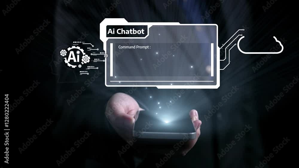 Poster human interact with ai artificial intelligence virtual assistant chatbot in concept of ai artificial