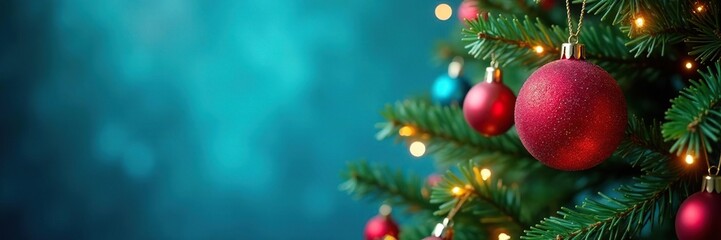 Fototapeta premium A colorful Christmas tree with balls and lights against a serene blue background, colored ornaments, christmas tree, ball