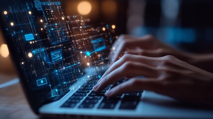 Close-Up of Hands Typing on Laptop with Futuristic Digital Interface