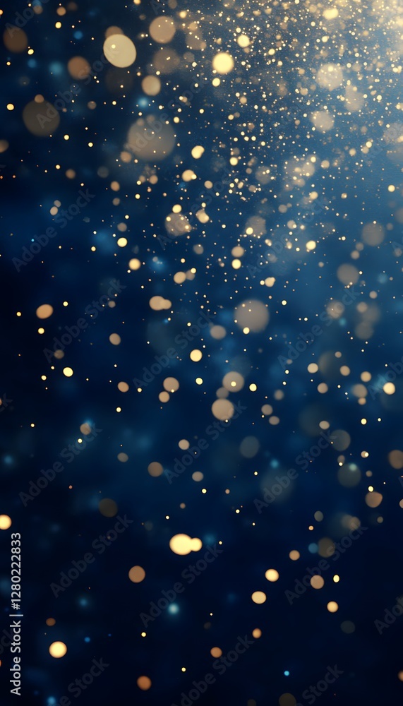 Poster golden light particles creating a bokeh effect on dark blue background