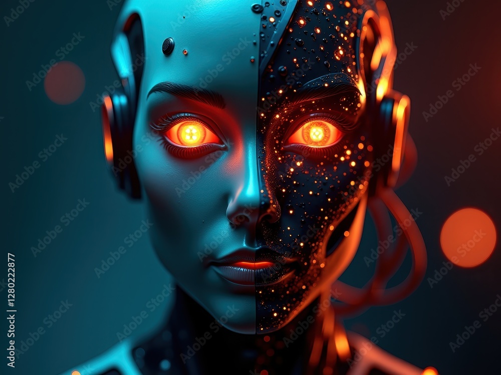 Poster exploring the concept of ethics in artificial intelligence through a futuristic humanoid representat