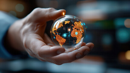 hand holds glowing digital globe, symbolizing global connectivity and technology. futuristic design highlights integration of AI and digital networks, emphasizing innovation and progress