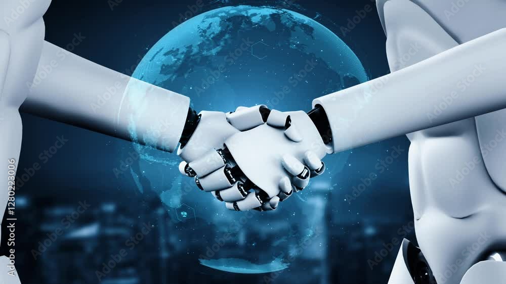 Poster 3d rendering hominoid robot handshake to collaborate future technology development by ai thinking br