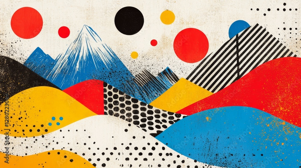 Poster abstract retro landscape with geometric shapes vibrant colors and textured patterns evokes a sense o