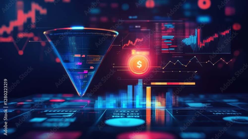 Poster online marketing funnel concept with data visualization elements