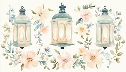 Watercolor Pastel Lanterns and Peach Flowers Design