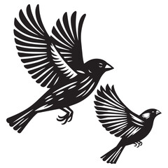 Obraz premium A minimalist, beautiful linocut illustration of a flying Grosbeak bird in silhouette. This black vector artwork captures the elegant form and graceful movement of the bird.