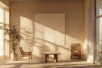 Fototapeta premium Sunlit minimalist room with chairs, table, and blank canvas.