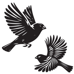 Obraz premium A minimalist, beautiful linocut illustration of a flying Grosbeak bird in silhouette. This black vector artwork captures the elegant form and graceful movement of the bird.