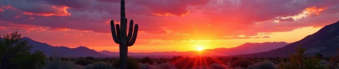 Towering saguaro against vibrant sunset in Arizona's Sonoran Desert, clouds, botanical, photo